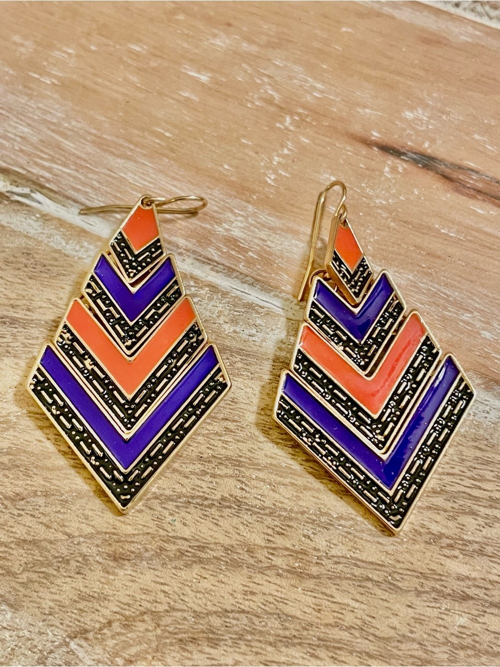 Chevron Gold-tone Drop Earrings in Deep Blue and Orange Enamel